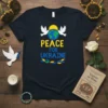 Peace For Ukraine t-shirt design with globe, white doves, yellow sun, and Ukrainian flag colors