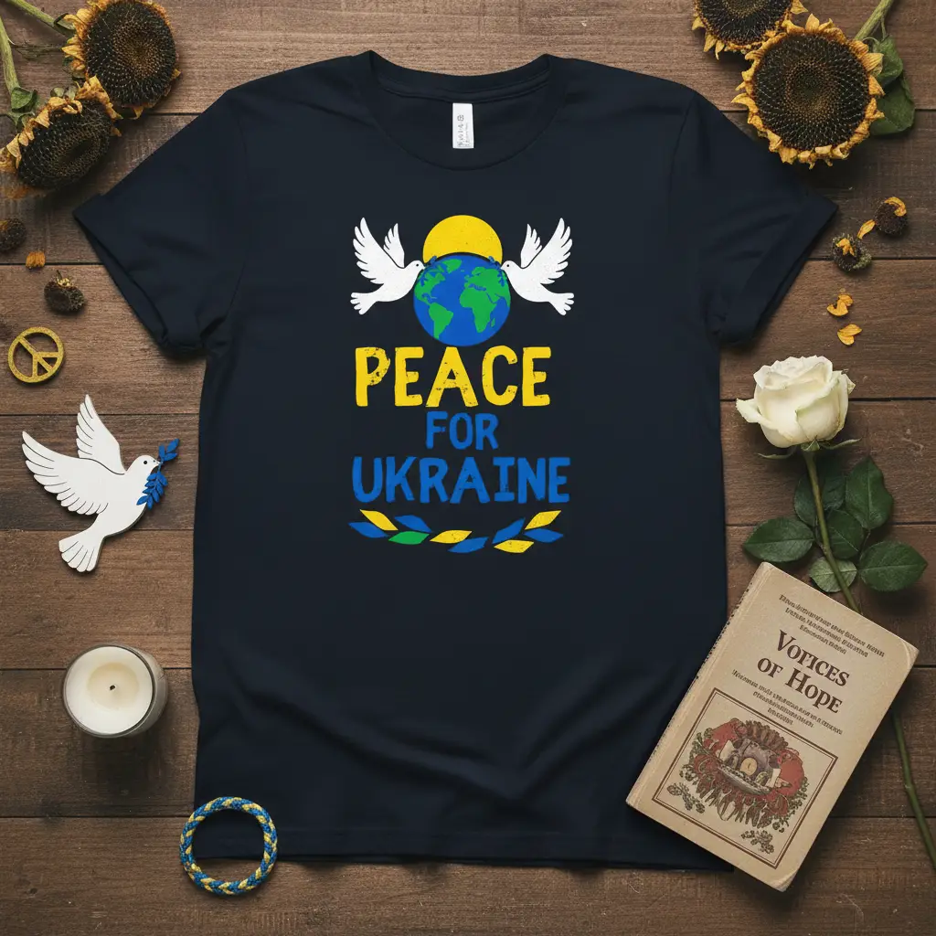Peace For Ukraine t-shirt design featuring a globe, two white doves, and the Ukrainian national colors