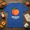 Blue t-shirt with a large cartoon peach graphic and the text "PEACH T-SHIRT" below it