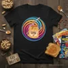 Peanut Butter Jar Character T-Shirt featuring a happy jar with a spoon and colorful swirl background