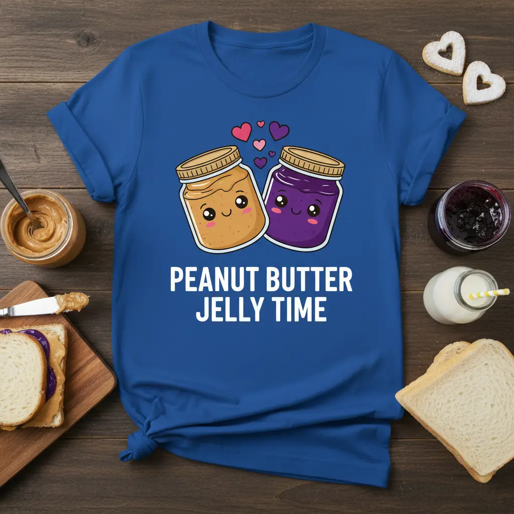 Cute Peanut Butter Jelly Time design with cartoon jars of peanut butter and jelly and hearts graphic