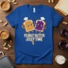 Peanut Butter Jelly Time text with cute anthropomorphic peanut butter and jelly sandwich characters on a royal blue t-shirt