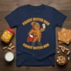 Peanut Butter Man superhero graphic with text on a navy blue t-shirt, perfect for food lovers