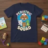 Pediatric Squad T-Shirt design with a dog, cat, bear, and dinosaur wearing scrubs and a stethoscope