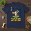 Peekaboo! Playtime! T-Shirt with a cartoon tabby kitten playing with a ball of yarn under a tree