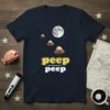 Peep Peep blobfish t-shirt with three blobfish characters floating in space near the moon. The text "peep peep" is displayed