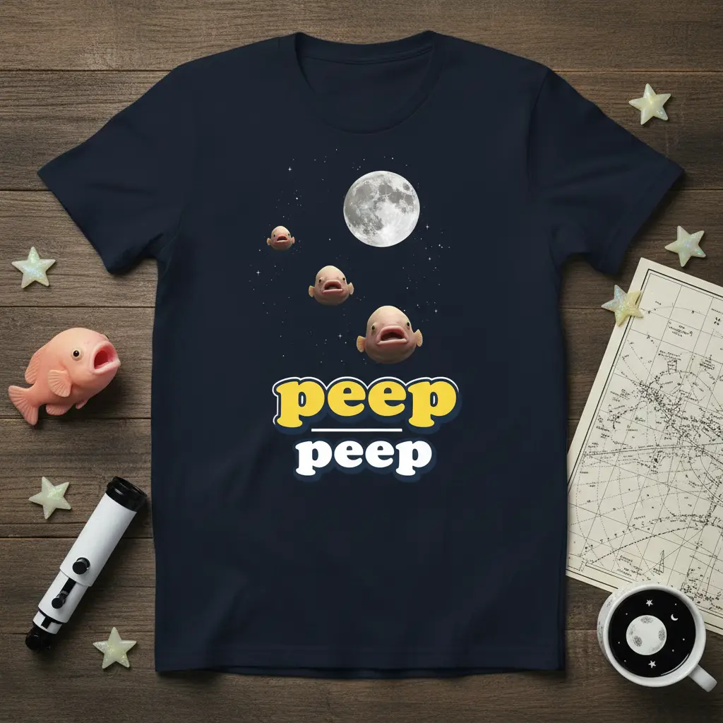 Peep Peep blobfish t-shirt design featuring three curious blobfish floating in space near the moon, with playful text