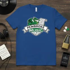 Pembroke Music Dragon T-Shirt with green dragon and musical notes on a blue shirt