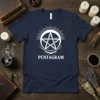 Navy blue t-shirt featuring a white pentagram symbol with radiating lines and root-like branches, text reads PENTAGRAM