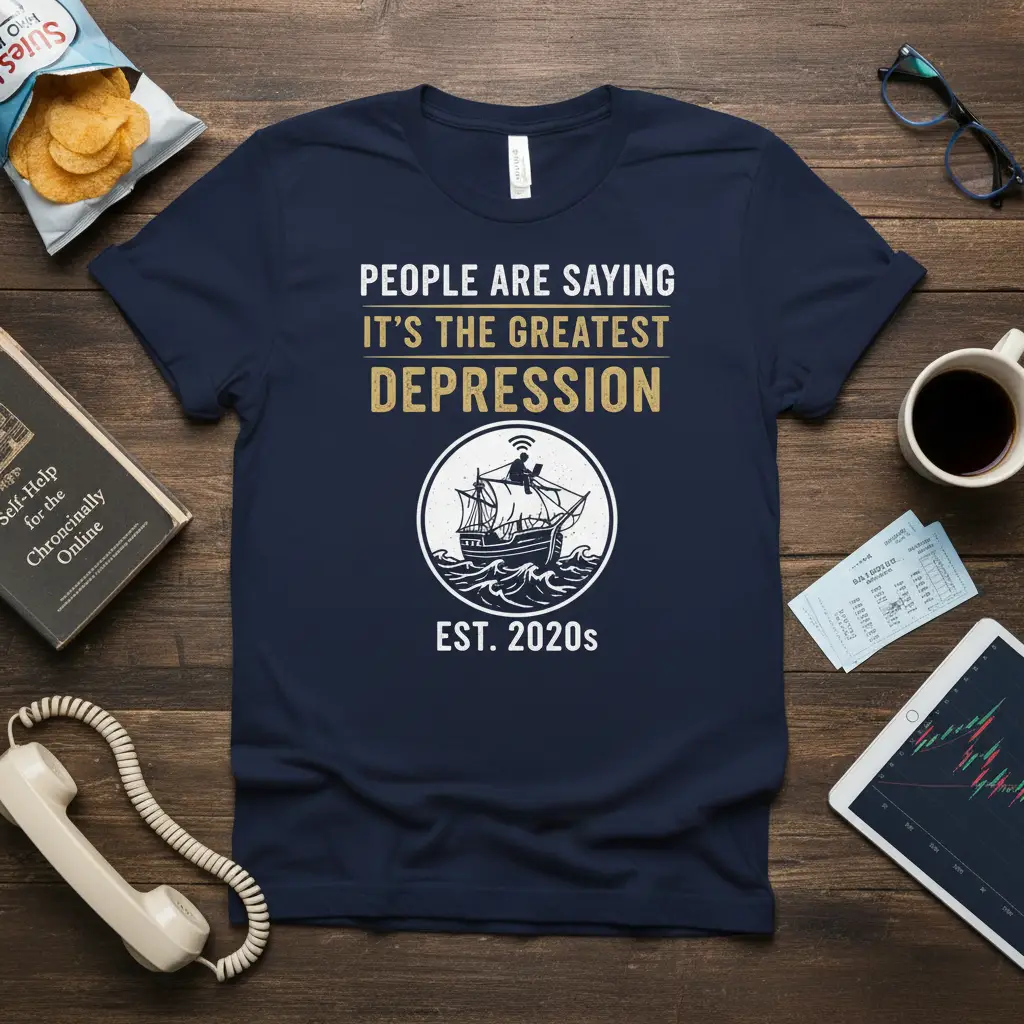 People Are Saying It's The Greatest Depression EST. 2020s quote on a navy t-shirt with a ship graphic