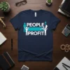 Navy blue t-shirt with "People Profit" text and stick figure graphics representing growth and success