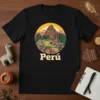 Black t-shirt featuring a circular graphic of Machu Picchu with the word Perú below, vibrant travel souvenir
