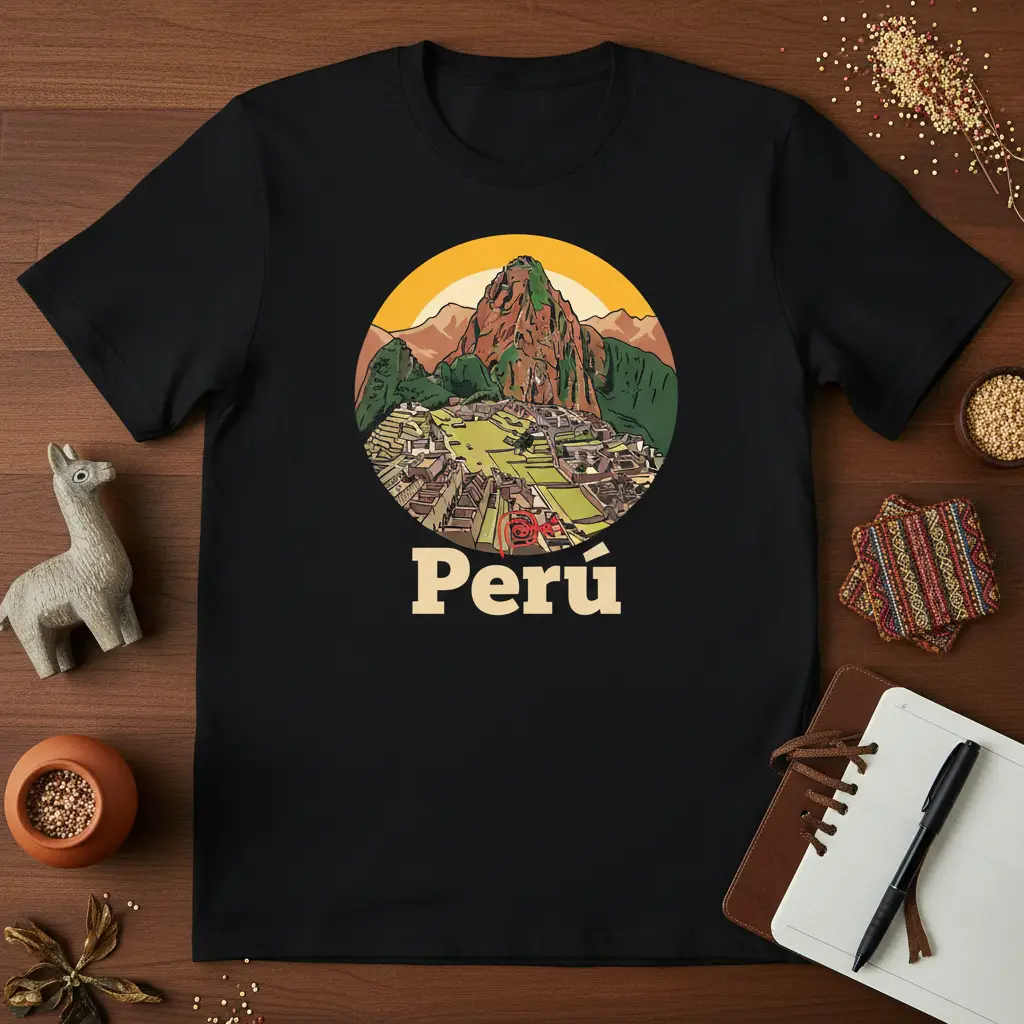 Circular graphic of Machu Picchu ruins with the word Perú below, vibrant travel t-shirt design