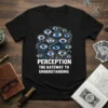 T-shirt with the text "PERCEPTION THE GATEWAY TO UNDERSTANDING" surrounded by many blue and white eyes with a wavy pattern
