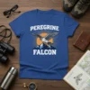 Peregrine Falcon t-shirt design featuring the text "PEREGRINE FALCON" above a graphic of a falcon in flight over mountains at