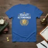 Royal blue t-shirt with "PERFECT ATTENDANCE" text and a gold shield with a clock graphic, symbolizing achievement and punctuality