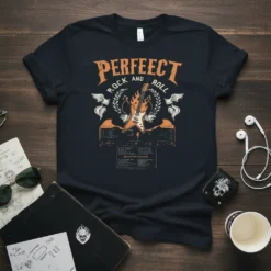 Perfect Rock and Roll T-Shirt with flaming guitar and vintage tour poster design