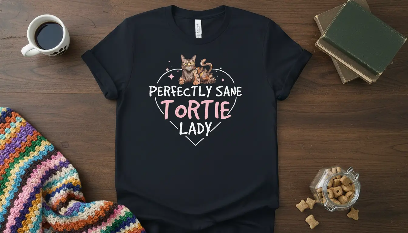 Perfectly Sane Tortie Lady text design with a tortoiseshell cat graphic, ideal for cat moms