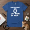 Perfusionist by Day Cat Mom by Night t-shirt with white text and a graphic of a cat with a heart