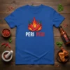 Blue t-shirt with "Peri Peri" text split by a graphic of two red chili peppers on fire