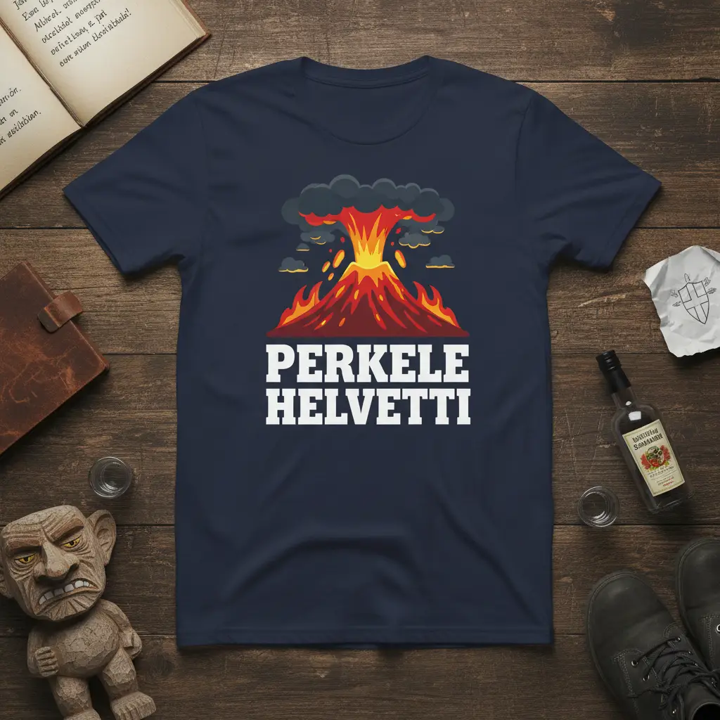 Navy blue t-shirt showcasing an erupting volcano graphic with the Finnish phrase PERKELE HELVETTI