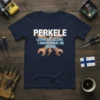 Perkele Leave Me Alone I Know What Im Doing text with crossed wrenches graphic on navy t-shirt