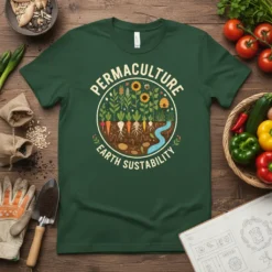 Permaculture Earth Sustainability T-Shirt featuring a circular garden design with plants, roots, and a stream