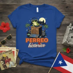 Perreo PR Historico t-shirt design with a DJ frog, turntables, palm trees, and Puerto Rican flag elements