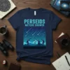 Perseids Meteor Shower t-shirt design featuring people with telescopes watching shooting stars in a night sky
