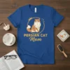 Persian Cat Mom T-Shirt featuring a fluffy Persian cat illustration inside a golden circle with a crown, text reads PERSIAN