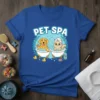 Pet Spa T-Shirt design with a golden retriever and a cat enjoying a bubble bath, surrounded by bubbles and rubber