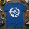 Pets Are People Too t-shirt design with various animals including dogs, cats, rabbits, and a parrot arranged in a circle