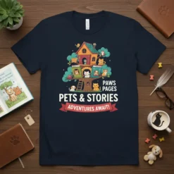 T-shirt design with "Pets & Stories Adventures Await!" text and a whimsical treehouse filled with cats and books
