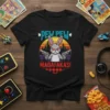 Pew Pew Madafakas! text with a fierce bunny holding guns, set against a retro sunset graphic on a black t-shirt