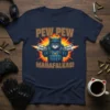 Pew Pew Madafalkas T-Shirt featuring a cool cat in tactical gear holding two guns, with fiery explosions in the background