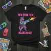 Black t-shirt with "PEW PEW PEW MADAFApas!" text and a cartoon unicorn firing a laser gun