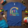 PG Fam Fun t-shirt with rainbow, smiling sun, and dancing children. Features colorful text "PG Fam Fun" below the graphic