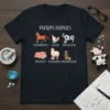 Pharm Animals T-Shirt featuring illustrations of a horse, chicken, cow, pig, sheep, and cat with funny pharmaceutical puns