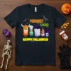 Pharmacy Squad Happy Halloween T-Shirt with cartoon pharmacy characters in costumes and bats