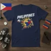 Philippines Soccer Fan T-Shirt featuring a graphic of a Filipino soccer player kicking a ball, with the word PHILIPPINES above