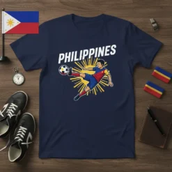 Philippines Soccer Fan T-Shirt featuring a graphic of a Filipino soccer player kicking a ball, with the word PHILIPPINES above