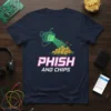 Phish and Chips T-Shirt with retro TV graphic projecting fish and chips, bold pink and white text