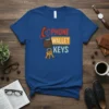 Phone Wallet Keys text design with icons for phone, wallet, and keys on a blue t-shirt