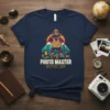 Photo Master Shutter King t-shirt design featuring a monkey photographer with cameras and mountains, text in yellow and white