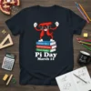 Pi Day March 14 t-shirt with a cartoon Pi character standing on math books