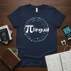 Pi lingual t-shirt design with pi symbol and text in white, set within a circular geometric pattern of blue lines