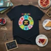 Pi Menu t-shirt design with a circular arrangement of fruits and pi symbols, featuring colorful graphics and playful typography