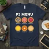 Pi Menu T-Shirt with illustrations of Blueberry, Strawberry, Raspberry, Lemon, Pumpkin, and Banana pies, featuring the text "PI MENU"