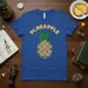 Blue t-shirt with "PI.NEAPPLE" in yellow text above a pineapple graphic containing mathematical symbols and swirls