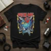 Pick Me guitar t-shirt design featuring cosmic background, two guitars, and a flying guitar pick with wings